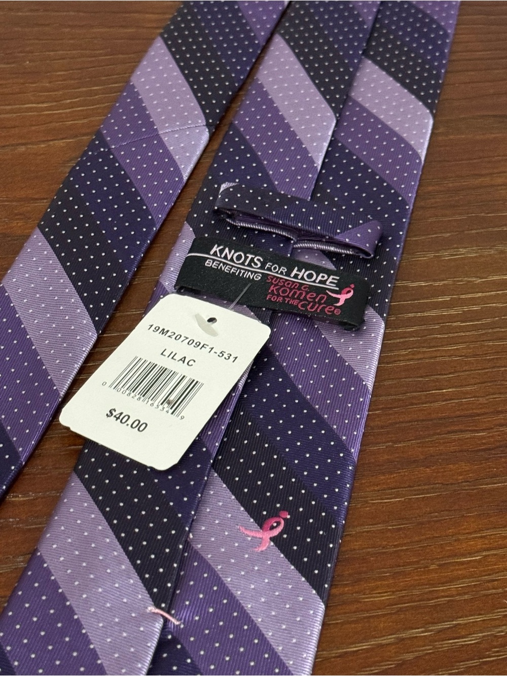 NWT Susan G Komen Men's Purple Striped Neck Tie Pink Ribbon - Knots for Hope - Picture 5 of 7